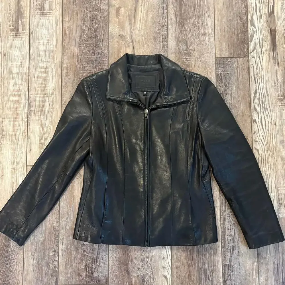 Avanti New York Black Genuine Leather Zip Jacket Women L Fitted Moto Minimalist
